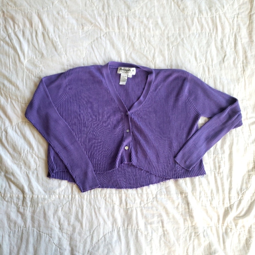 Silk Y2K Cropped Cardigan XL Ribbed Long Sleeve Lagenlook Frayed Hem Button Down
